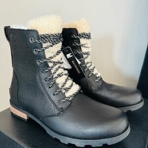 SOREL Emelie Genuine Shearling Lamb Fur Short Lace-Up Boot, Black, Size 8.5, NWT